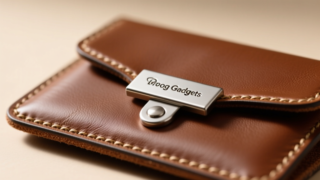 Close-up macro shot showing the precise edge-stitching and aerospace aluminum magnetic clasp on the Brown Dog Gadgets leather tablet sleeve.