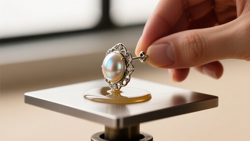 Hands applying UV resin to a flat metal pad on a conversion post, attaching it to the back of a vintage pearl clip-on earring.
