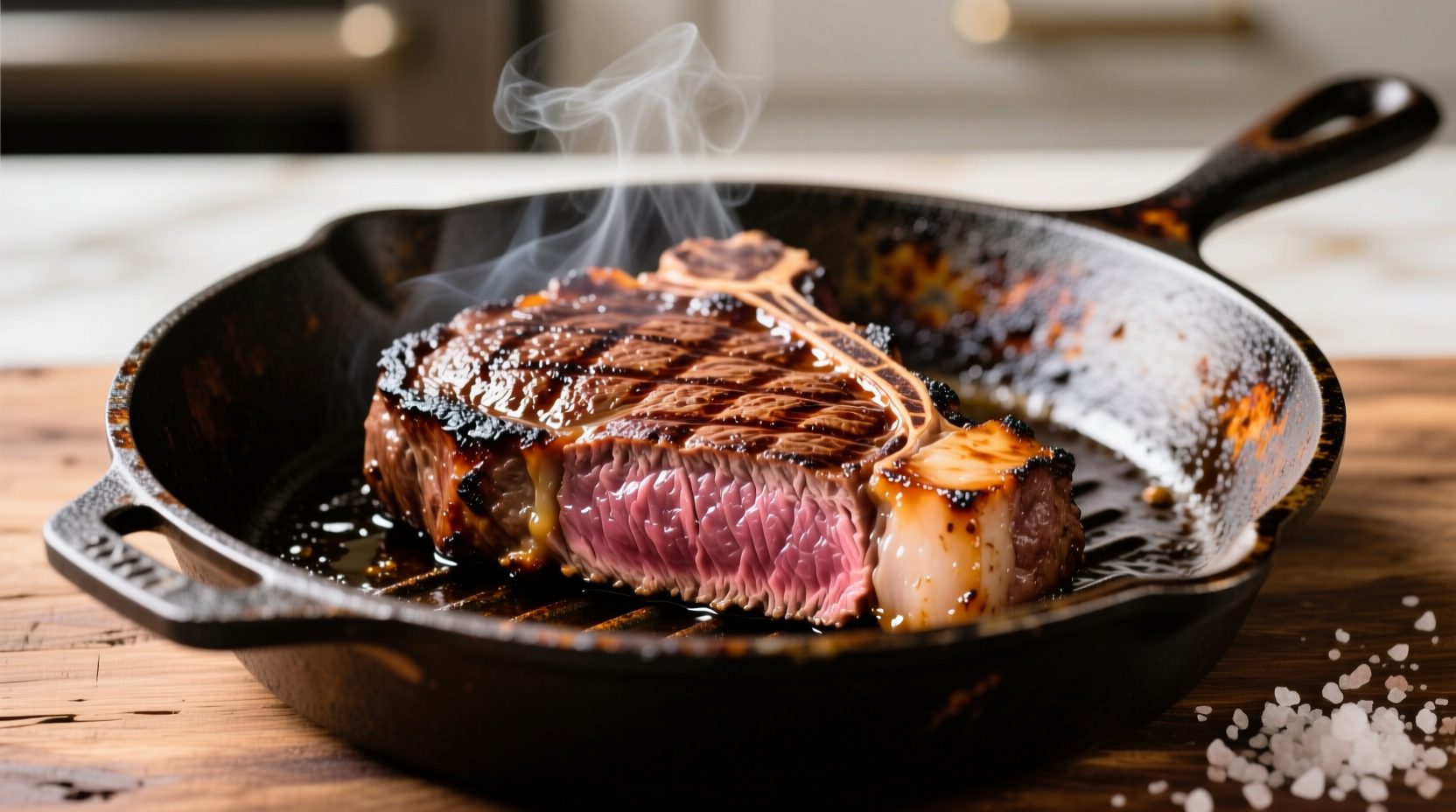 Perfectly seared New York strip steak on cast iron