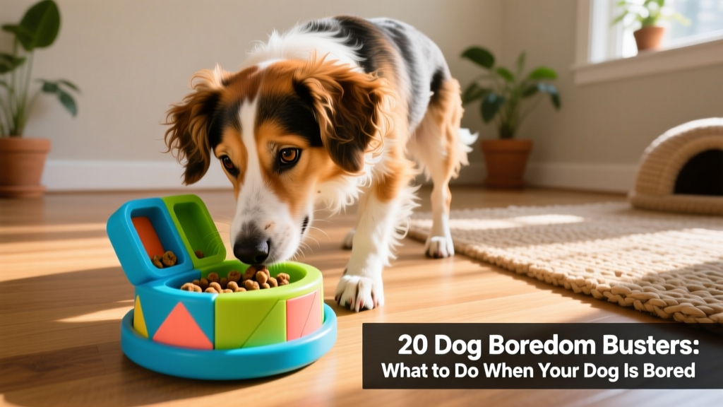 Dog actively working on a colorful puzzle toy with treats visible in compartments