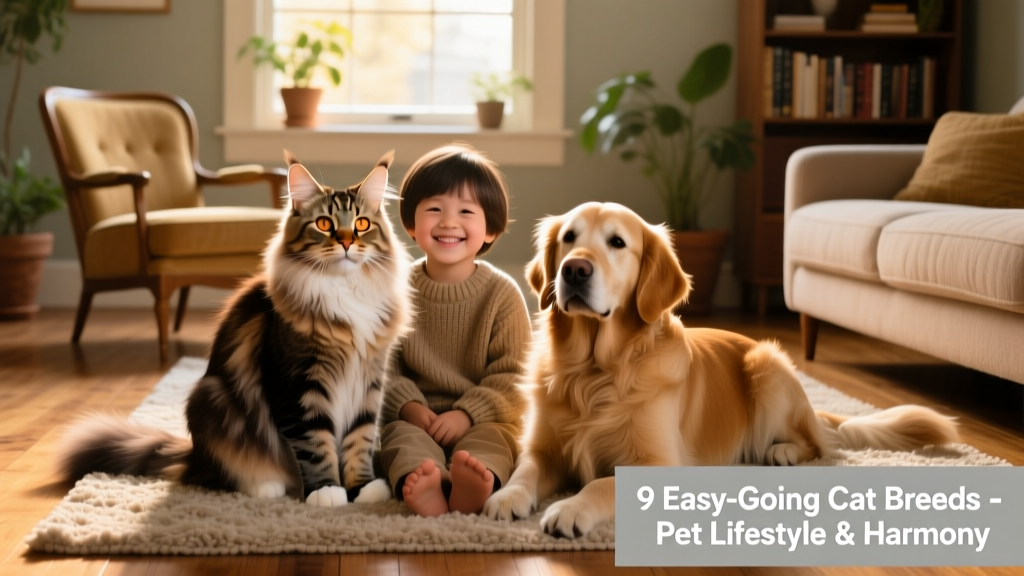 A friendly Maine Coon sitting beside a child and a golden retriever on a living room rug, all three appearing calm and connected