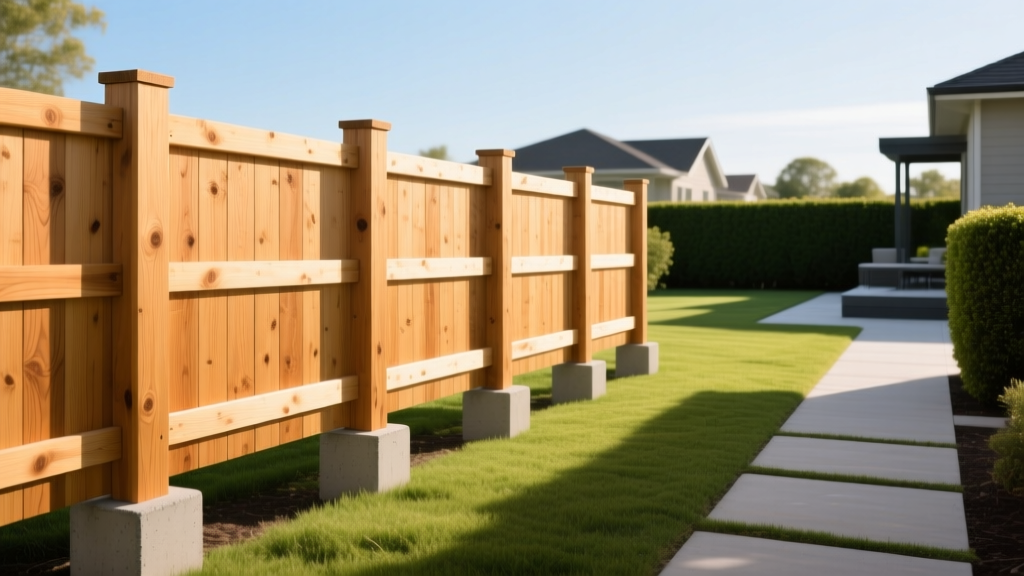 6x6 pressure-treated pine fence posts set in concrete supporting a board-on-board wood fence design in a bright suburban yard