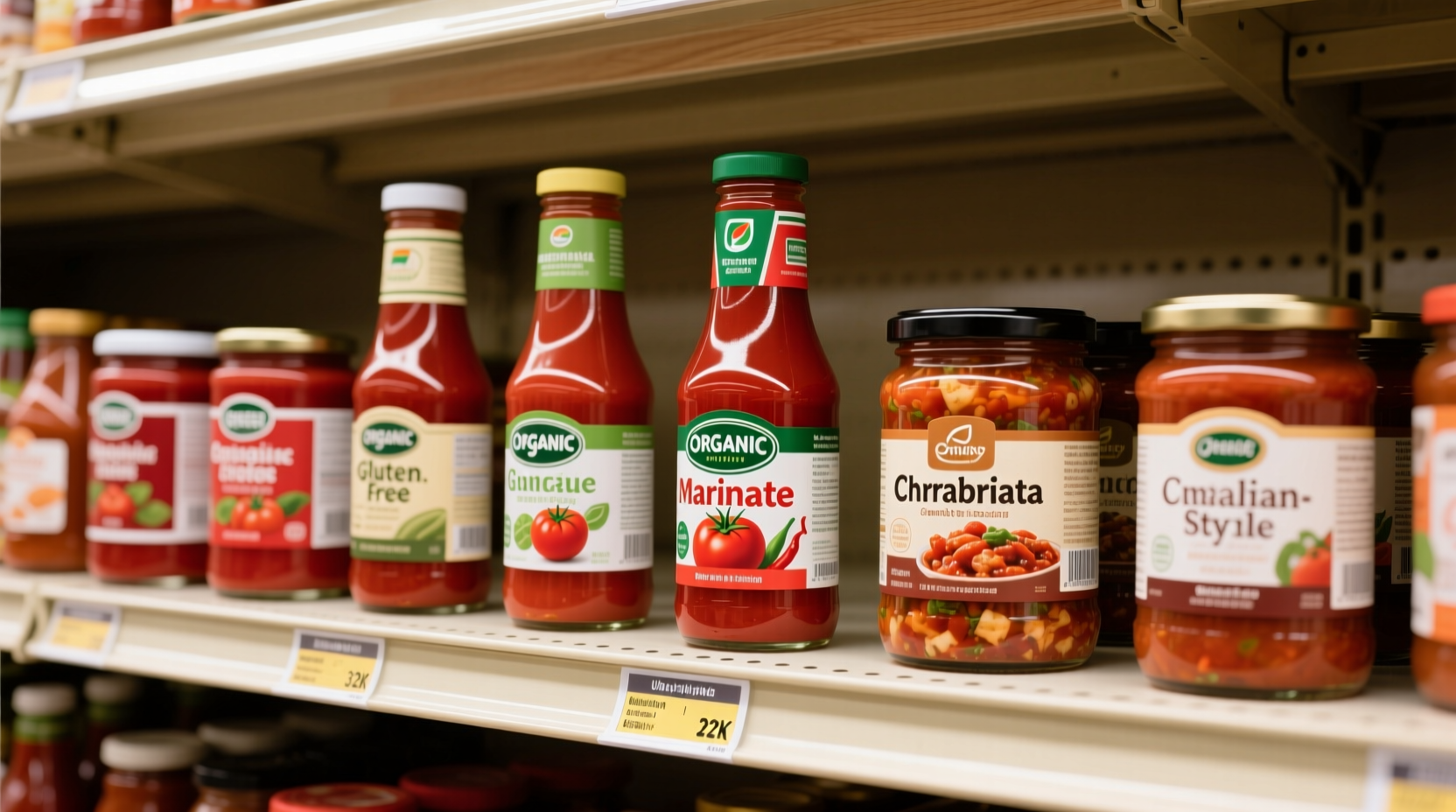 Tomato sauce varieties on grocery shelf