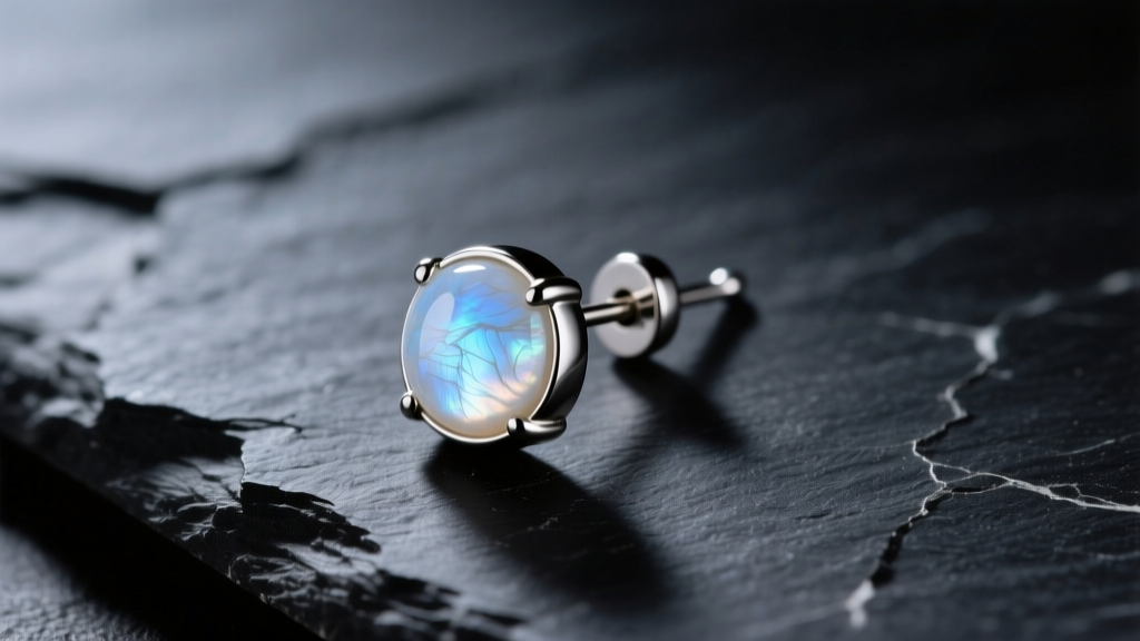 Macro shot of a 20-gauge titanium ear hook earring with a moonstone, resting on dark slate under soft studio lighting