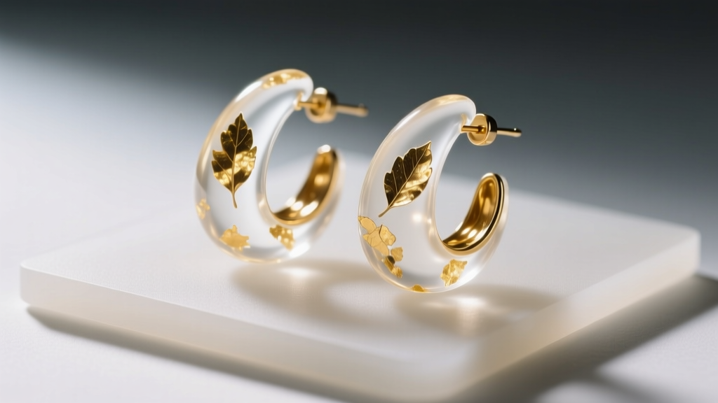Macro view of clear epoxy earrings on a silicone mat, showing gold leaf flakes and bubble-free clarity under soft studio lighting.