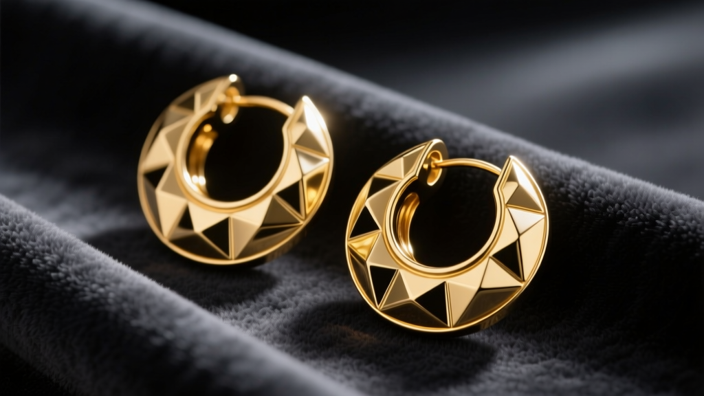 Overhead view of oversized 18k gold vermeil disk earrings resting on dark charcoal velvet under soft, directional studio lighting