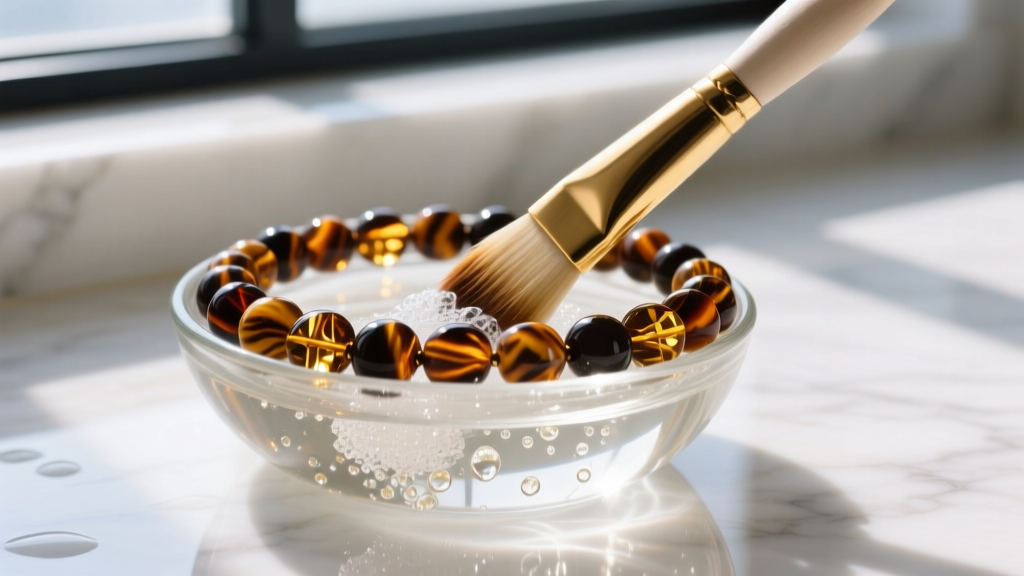 Soft brush gently cleaning a tiger eye beaded bracelet in a glass bowl of soapy water under bright, natural window lighting.
