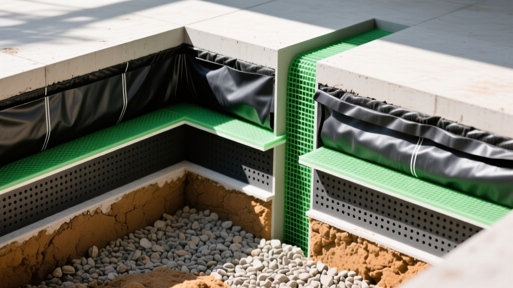 Cross-section of below-grade foundation showing waterproof casting material layers and hydrostatic pressure drainage mats