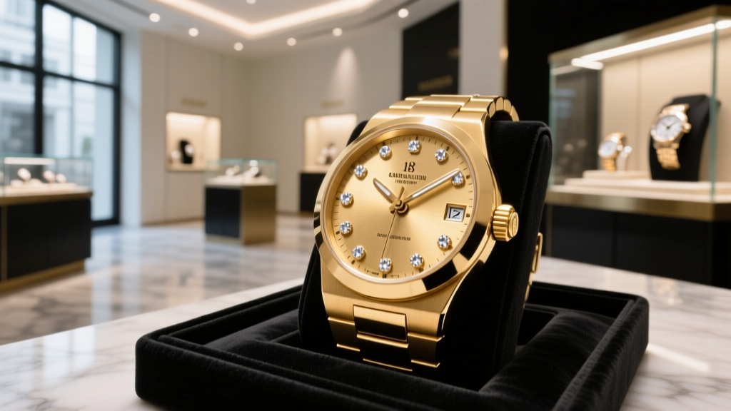 Close-up of an 18k gold luxury watch dial with diamond markers on a dark velvet display tray inside a high-end jewelry boutique.