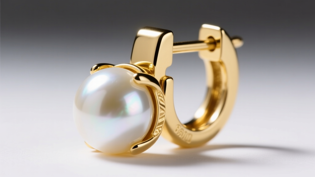 Macro shot of an 18k yellow gold leverback earring closure securing a round 8mm white Akoya pearl under bright studio lighting.