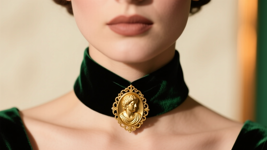 Close-up of a model wearing a black velvet choker with a 14k gold cameo pendant, soft studio lighting, vintage aesthetic
