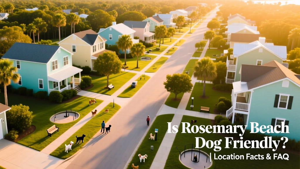 Aerial view of Rosemary Beach’s pastel-colored buildings and tree-lined streets