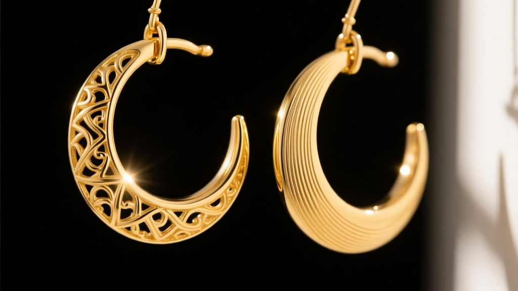 Close-up of textured 14k solid yellow gold crescent moon hoop earrings catching warm sunlight against a dark velvet background.