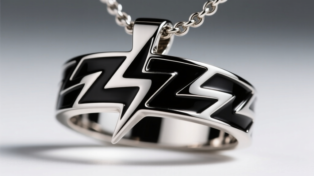 Macro shot of black enamel inside the lightning bolt grooves of a stainless steel Ride the Lightning band necklace pendant.