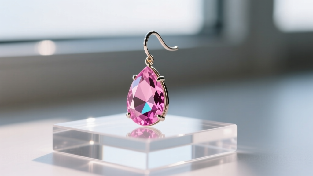 Side view of a pink tourmaline drop earring on acrylic, showing pleochroism with light and deep pink color zones visible.