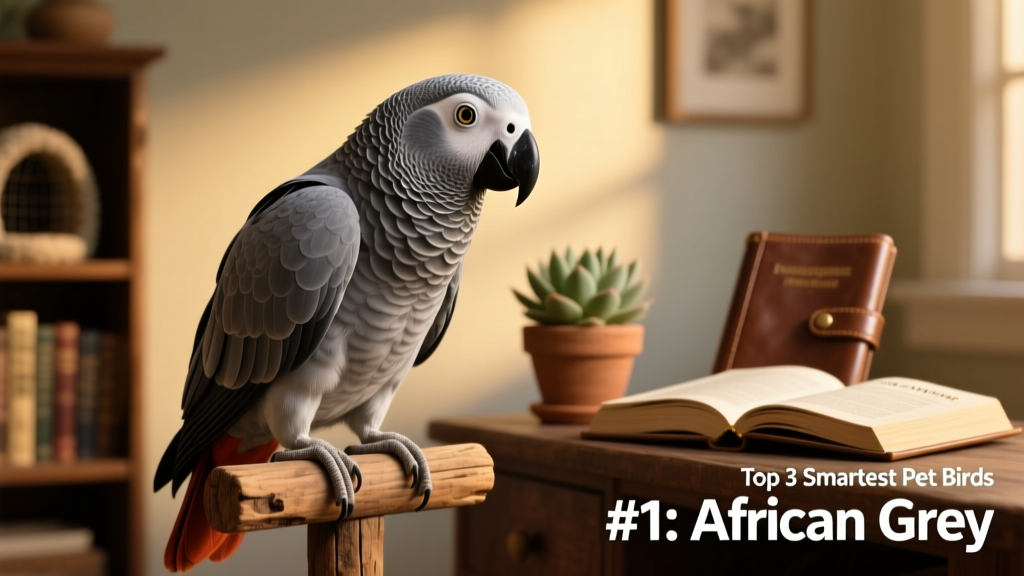 An African grey parrot perched thoughtfully on a wooden stand, head tilted slightly, making eye contact