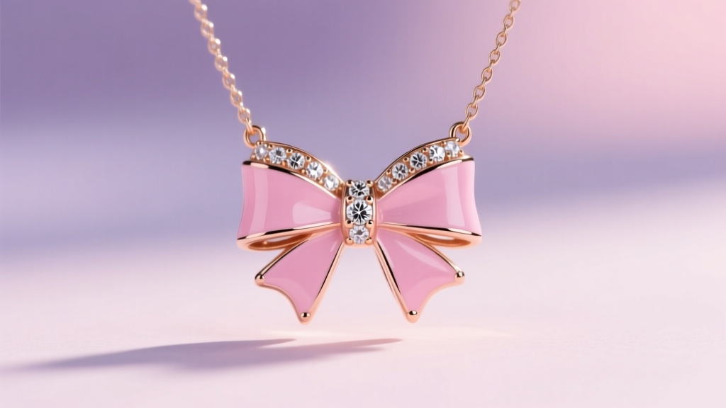 Macro shot of a pink enamel bow pendant with pave diamonds on a 1.2mm cable chain against a soft, blurred pastel backdrop.