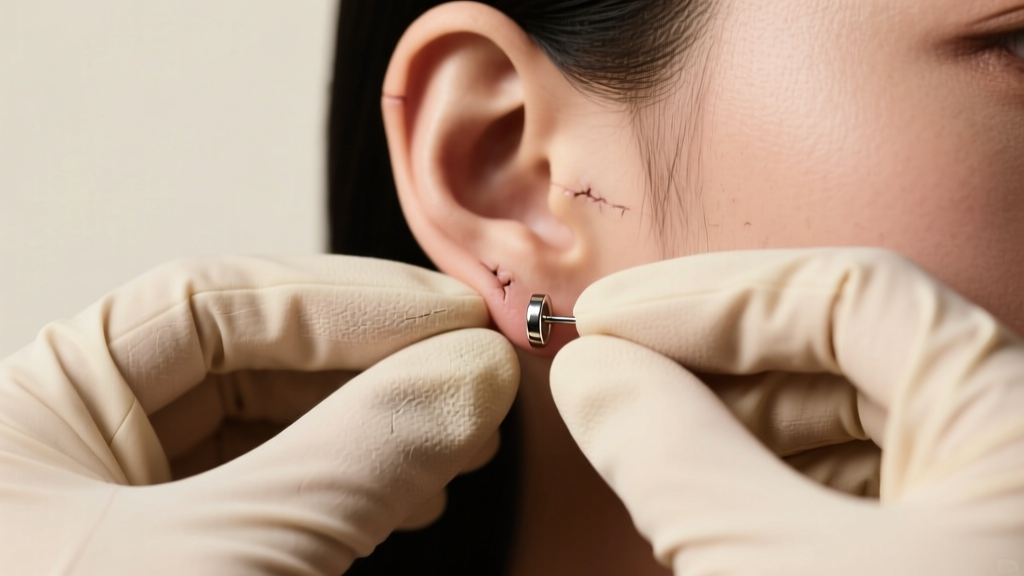 Gloved hands gently gripping a 16-gauge titanium flat back earring on a healed earlobe under soft studio lighting.
