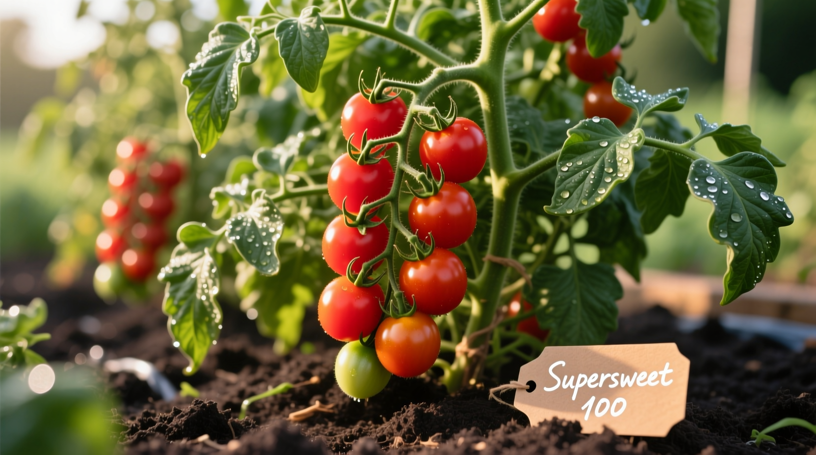 Supersweet 100 tomato plant with clusters of ripe cherry tomatoes