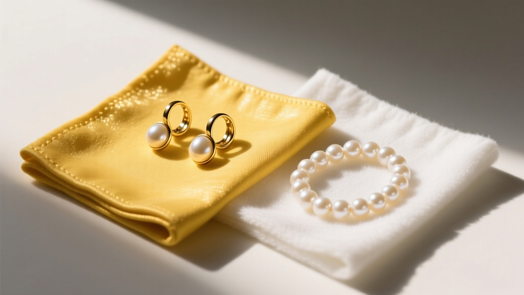 Flat lay of jewelry cleaning cloths including treated yellow cotton and untreated white flannel next to gold and pearl pieces.
