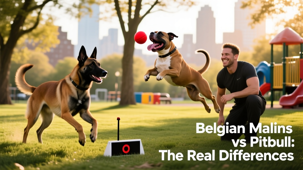 A Malinois focused on a training task and a Pitbull playing fetch with a handler in a sunny park