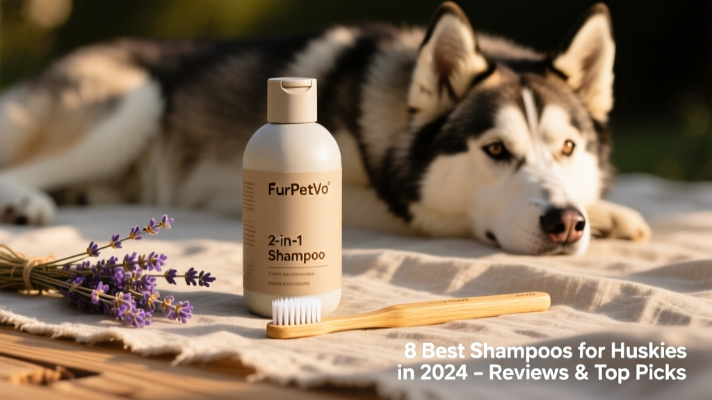 Eco-friendly bottle of FurPetVo 2-in-1 Shampoo next to a reusable bamboo brush and dried lavender sprigs