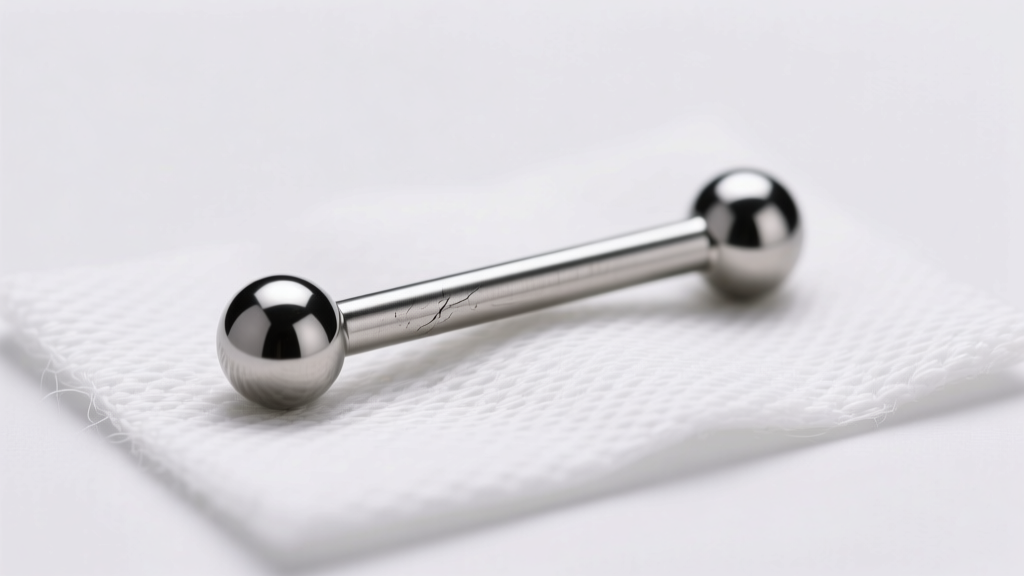 Close-up of a 14-gauge titanium straight barbell with polished balls resting on sterile gauze under bright studio lighting.