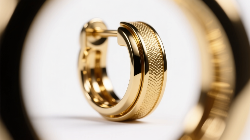 Macro photo showing the brass core and gold plating layers of a luxury fashion earring post against a clean white background