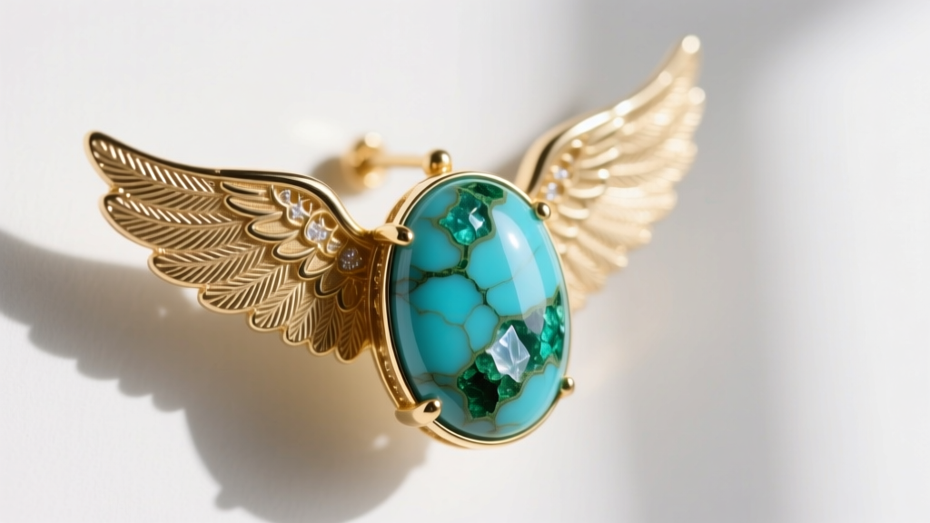 Extreme close-up of a turquoise cabochon set in a bezel on an eagle wing earring, showing natural matrix and stabilization