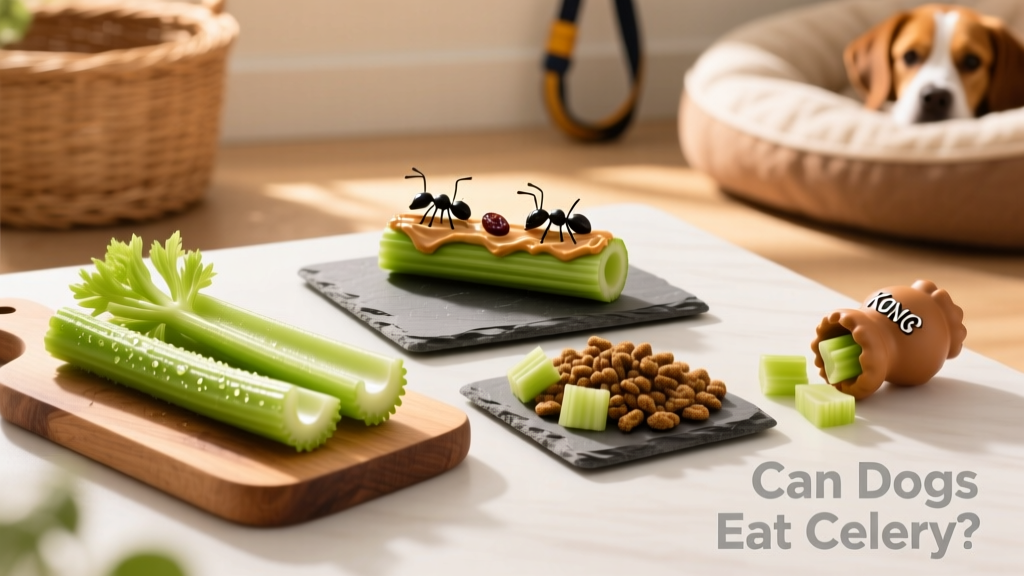 A variety of safe, dog-friendly ways to serve celery: raw sticks, mixed into kibble, frozen 'ants on a log' treats, and stuffed into a KONG toy