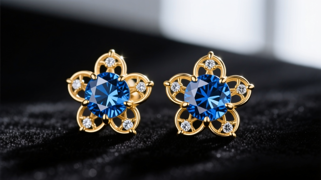 Macro shot of 18k gold sapphire flower earrings on dark velvet, showing vivid blue facets and intricate petal prong settings