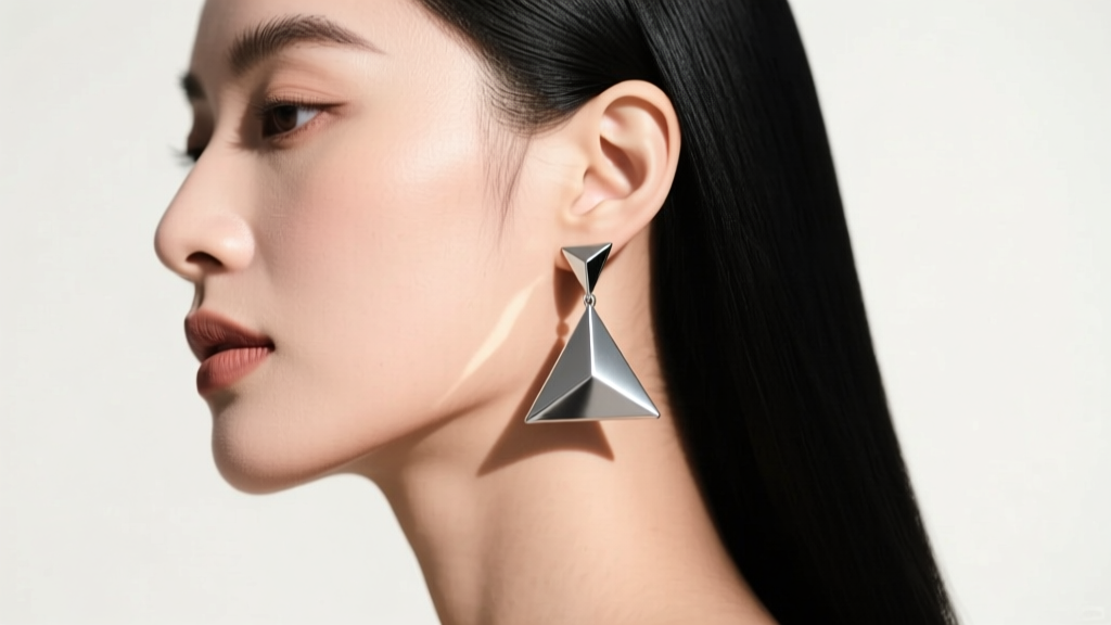 Side profile of a woman wearing silver triangle dangle earrings, showcasing the drop length and geometric shadow on the jawline