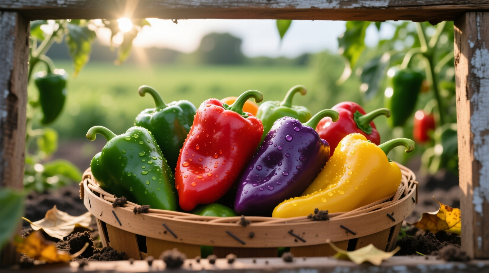 Colorful assortment of fresh pepper pods on farm