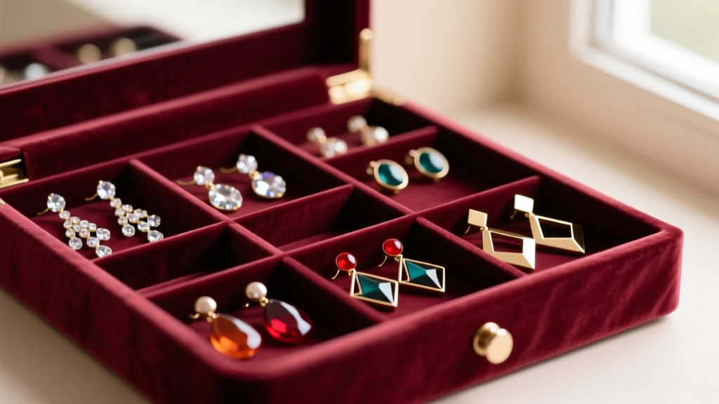 A velvet-lined drawer-style large earring organizer with deep compartments holding oversized resin and metal drop earrings
