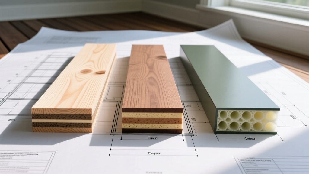 Side-by-side cross-section samples of pressure-treated pine, capped composite, and cellular PVC decking boards on a contractor blueprint