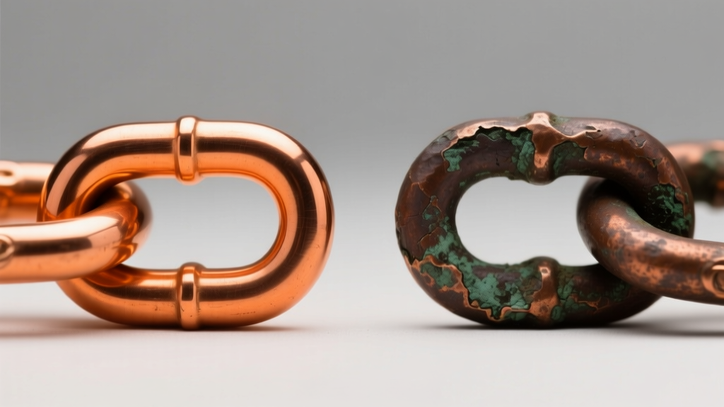 Side-by-side comparison of a polished bright orange copper chain link and an oxidized dark brown copper link under soft lighting