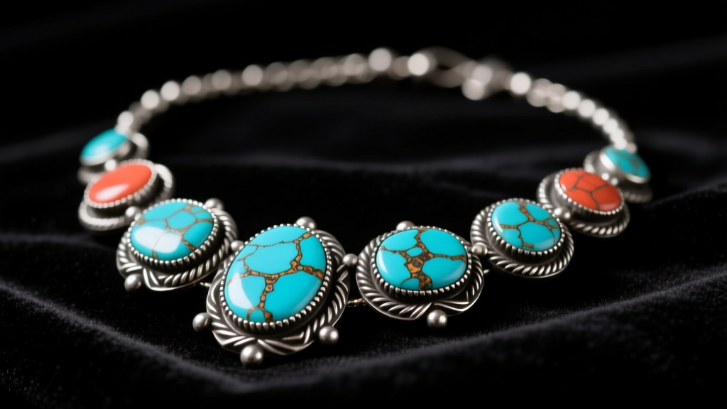 Close-up of a vintage Native American turquoise coral necklace on black velvet, highlighting silver bezel settings and matrix.
