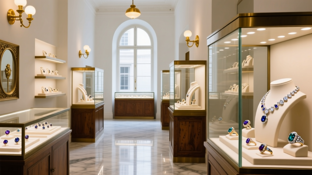 Interior of a historic fine jewelry store displaying illuminated glass cases with diamond necklaces and vintage estate rings.