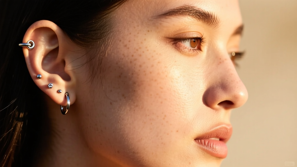 Profile of a person with an asymmetrical ear curation, featuring a daith piercing and three lobe studs, in warm sunlight