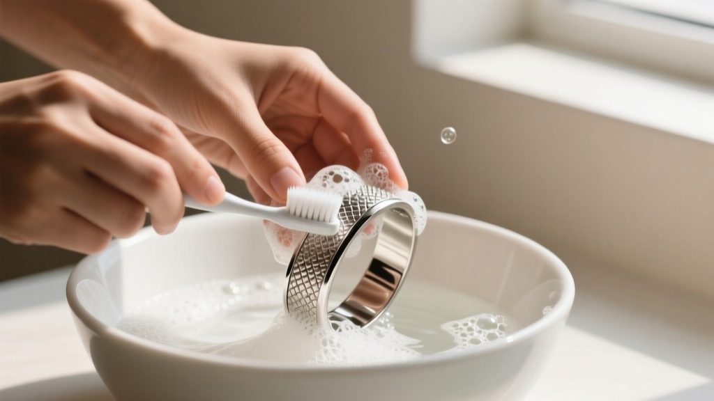 Hands gently scrubbing a brushed stainless steel cuff bracelet with a soft toothbrush and soapy water inside a ceramic bowl