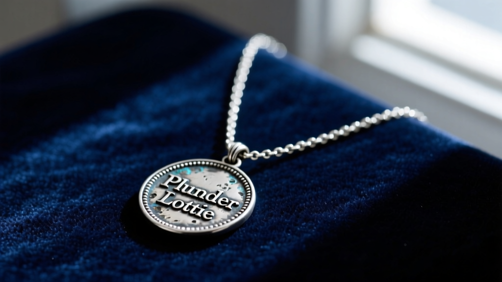 Close-up of a vintage-inspired Plunder Lottie necklace with an oxidized silver medallion pendant resting on a dark velvet surface
