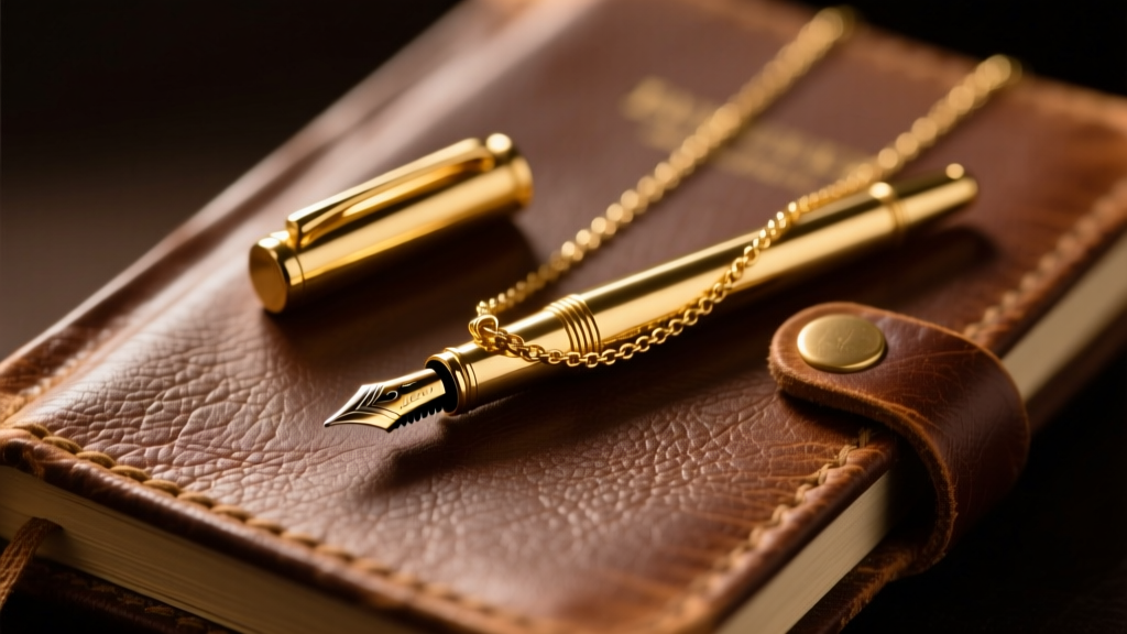 Miniature 14k gold pen necklace on a leather journal, cap removed to reveal a tiny iridium-tipped nib in warm, moody lighting.