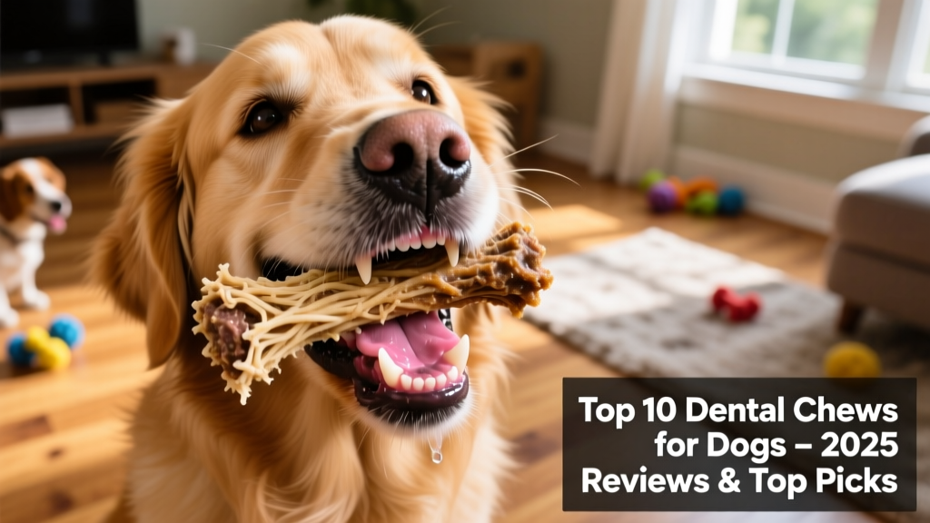 A close-up of a dog happily chewing a textured dental treat, with healthy gums visible