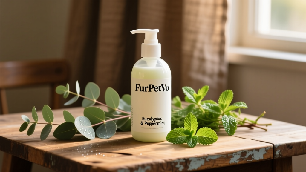 FurPetVo Eucalyptus & Peppermint Shampoo bottle next to fresh eucalyptus leaves and peppermint sprigs