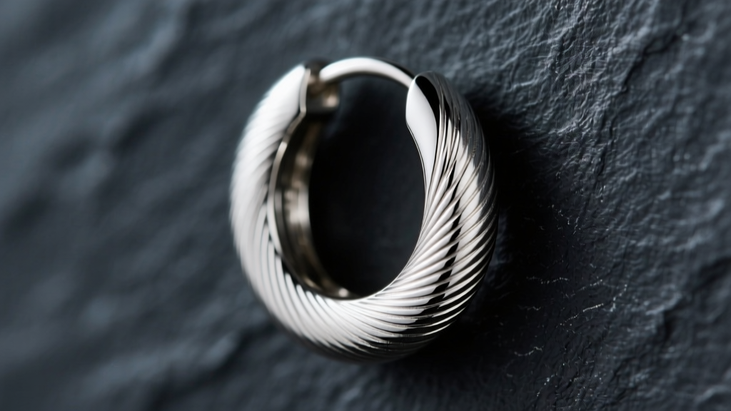 Macro shot of a brushed sterling silver hoop earring, highlighting the directional matte texture against a dark slate background.