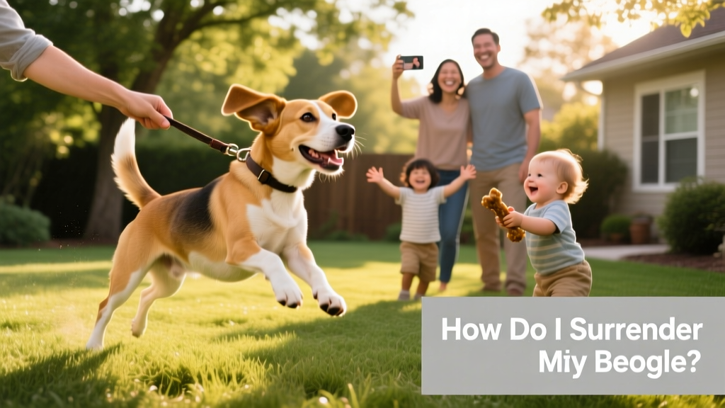 Beagle happily playing in a sunlit backyard with a new family, symbolizing joyful transition
