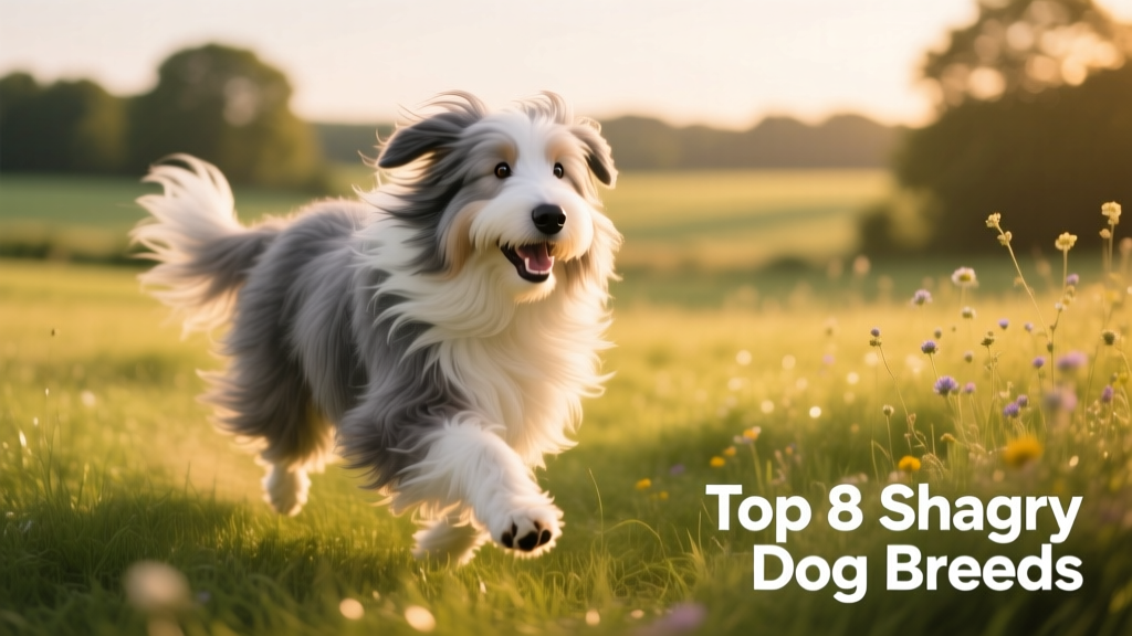 A playful Old English Sheepdog with a thick, flowing gray-and-white coat running through a grassy field