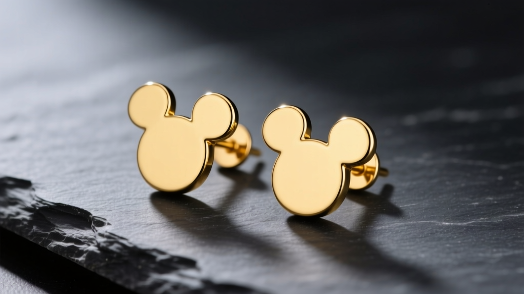 Close-up of 14k yellow gold Mickey mouse silhouette stud earrings resting on a dark slate surface with soft directional lighting.