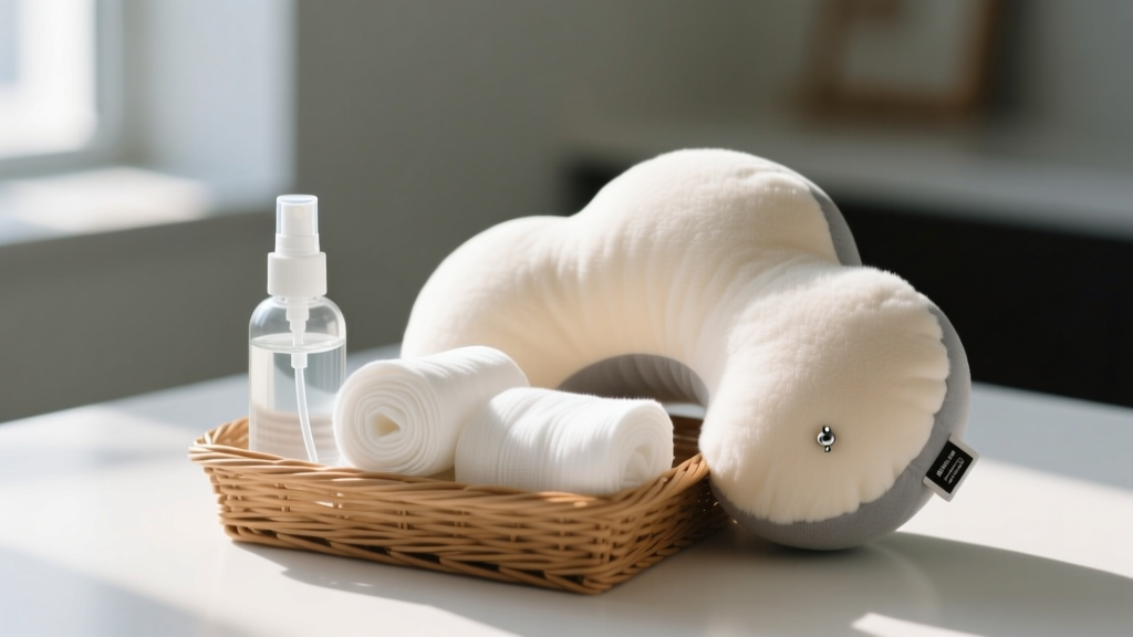 Gift basket with sterile saline spray, soft gauze, and a plush travel pillow designed for side sleepers healing fresh piercings.