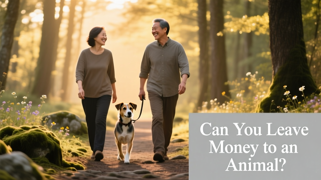 Two people smiling as they walk side-by-side with a calm, leashed dog—symbolizing trust and transition